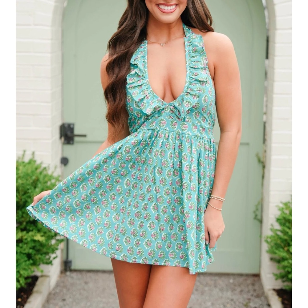 Floral Halter Mini Dress in Green